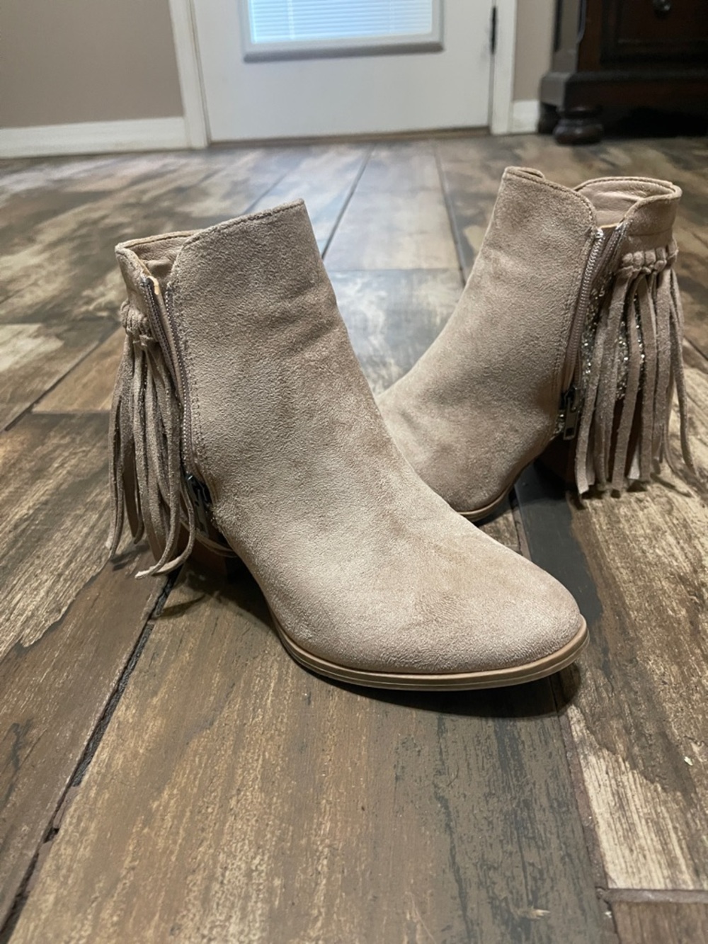 Very G Taupe Suede Fringe Ankle Boots